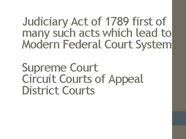 Judiciary Act of 1789 first of many such acts which lead to Modern Federal