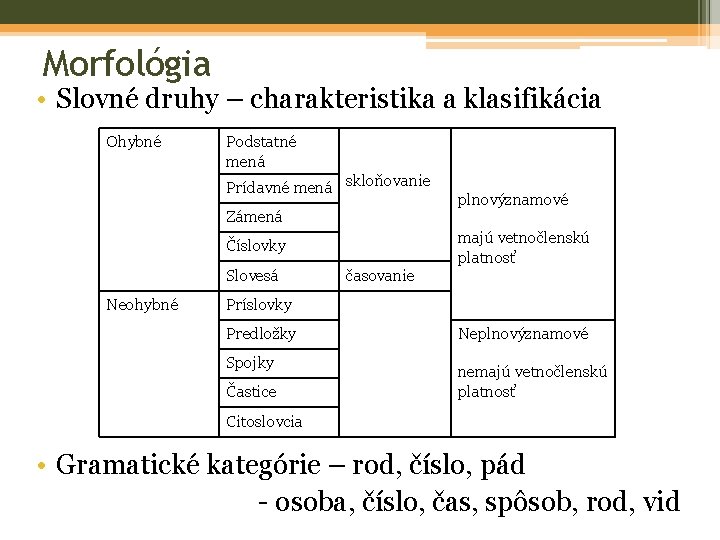 Morfológia • Slovné druhy – charakteristika a klasifikácia Ohybné Podstatné mená Prídavné mená skloňovanie