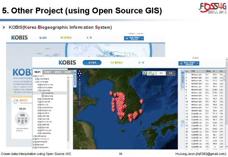 5. Other Project (using Open Source GIS) Ø KOBIS(Korea Biogeographic Information System) Ocean data
