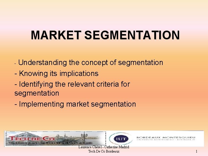 MARKET SEGMENTATION Understanding the concept of segmentation - Knowing its implications - Identifying the