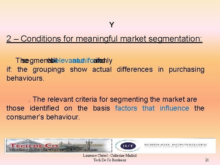 Y 2 – Conditions for meaningful market segmentation: The. segments will be relevant and