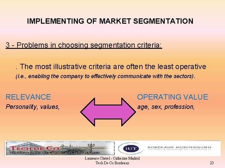 IMPLEMENTING OF MARKET SEGMENTATION 3 - Problems in choosing segmentation criteria: . The most
