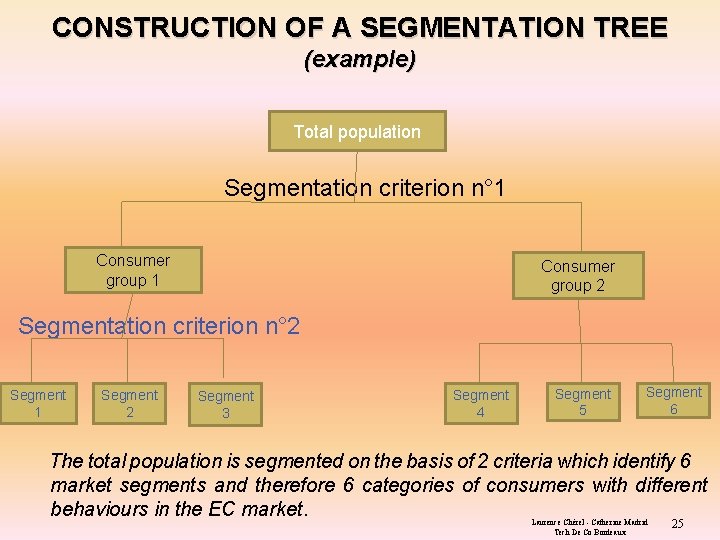 CONSTRUCTION OF A SEGMENTATION TREE (example) Total population Segmentation criterion n° 1 Consumer group