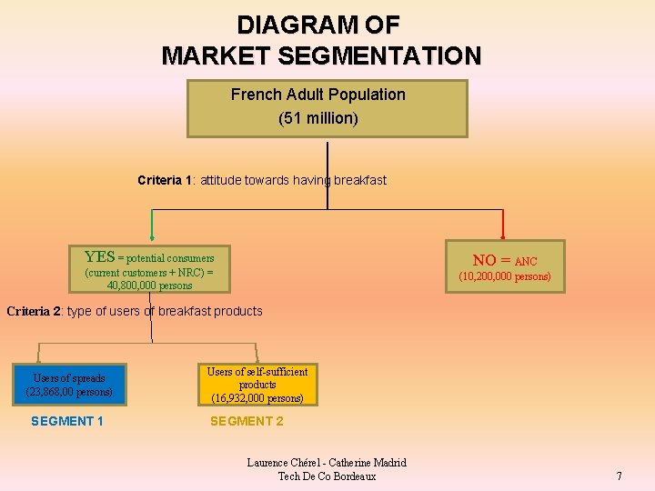 DIAGRAM OF MARKET SEGMENTATION French Adult Population (51 million) Criteria 1: attitude towards having
