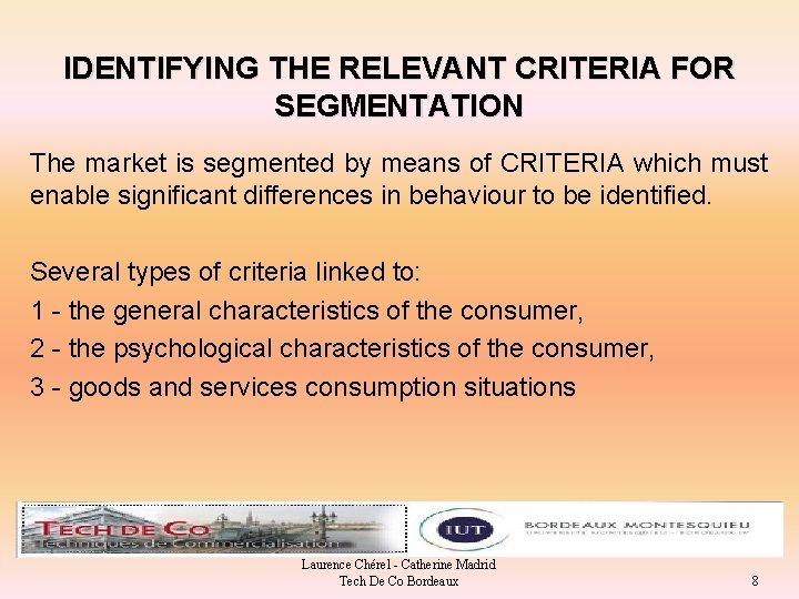 IDENTIFYING THE RELEVANT CRITERIA FOR SEGMENTATION The market is segmented by means of CRITERIA