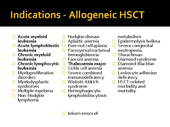 Indications - Allogeneic HSCT � � � � Acute myeloid leukemia Acute lymphoblastic leukemia