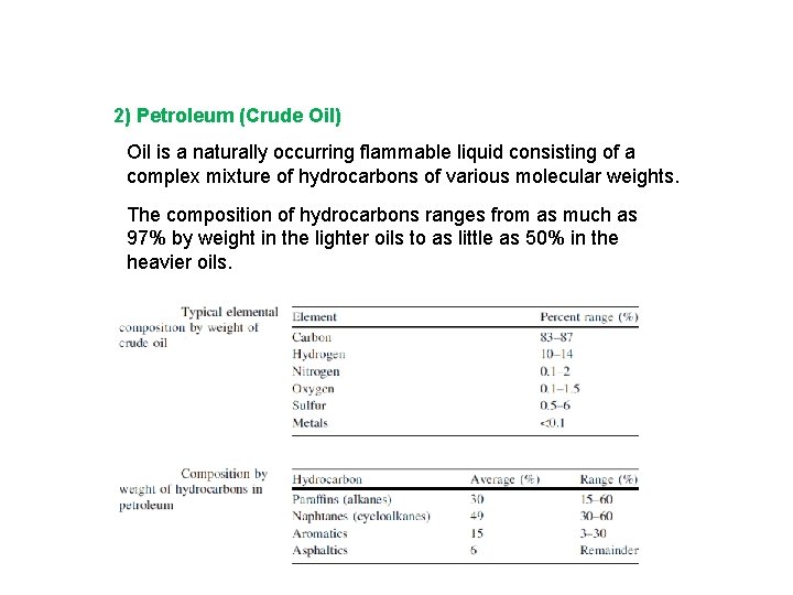 2) Petroleum (Crude Oil) Oil is a naturally occurring flammable liquid consisting of a