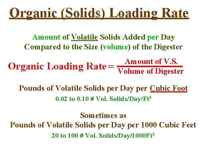 Organic (Solids) Loading Rate Amount of Volatile Solids Added per Day Compared to the