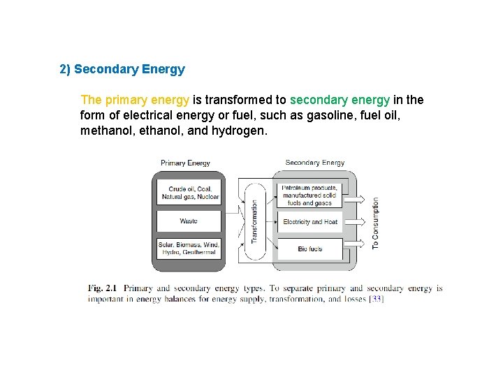 2) Secondary Energy The primary energy is transformed to secondary energy in the form