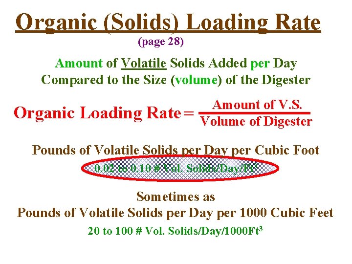 Organic (Solids) Loading Rate (page 28) Amount of Volatile Solids Added per Day Compared
