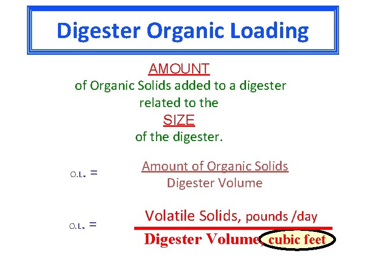 Digester Organic Loading AMOUNT of Organic Solids added to a digester related to the