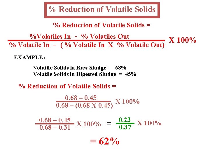 % Reduction of Volatile Solids = %Volatiles In - % Volatiles Out X 100%