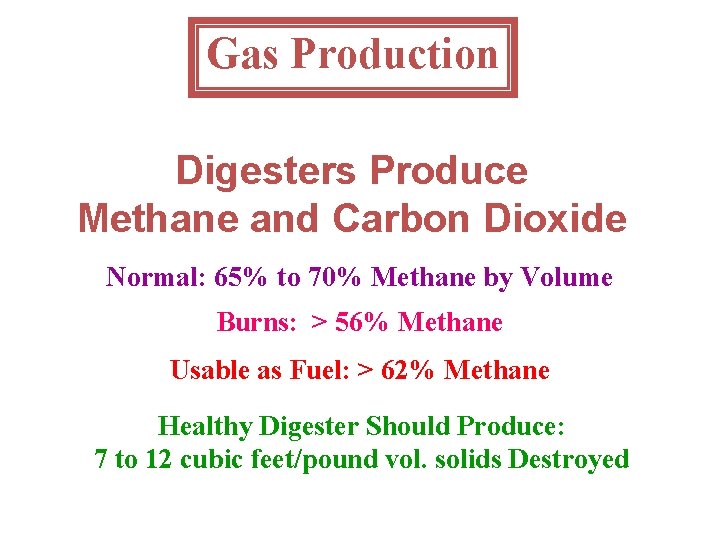 Gas Production Digesters Produce Methane and Carbon Dioxide Normal: 65% to 70% Methane by