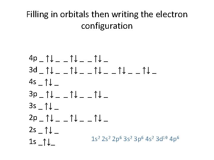 Filling in orbitals then writing the electron configuration 4 p _ ↑↓ _ 3