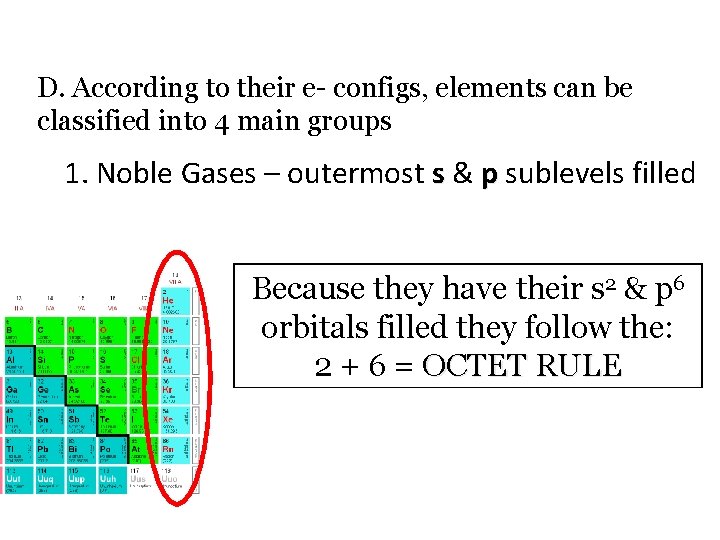 D. According to their e- configs, elements can be classified into 4 main groups