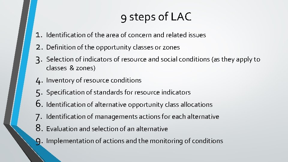 9 steps of LAC 1. Identification of the area of concern and related issues