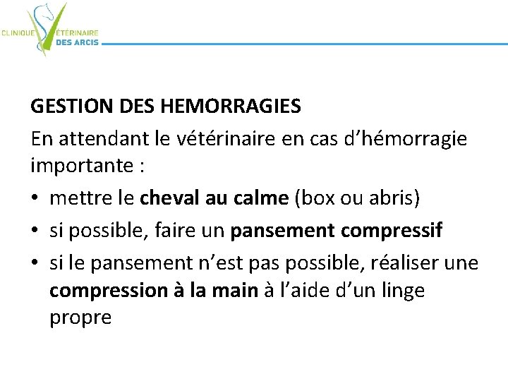 GESTION DES HEMORRAGIES En attendant le vétérinaire en cas d’hémorragie importante : • mettre GESTION DES HEMORRAGIES En attendant le vétérinaire en cas d’hémorragie importante : • mettre