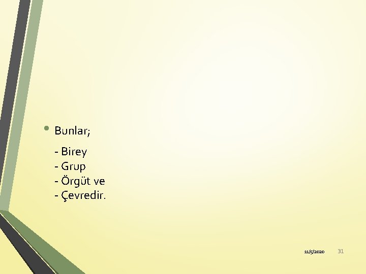  • Bunlar; - Birey - Grup - Örgüt ve - Çevredir. 11/5/2020 31