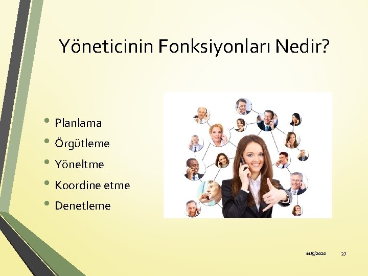 Yöneticinin Fonksiyonları Nedir? • Planlama • Örgütleme • Yöneltme • Koordine etme • Denetleme