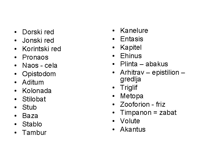 • • • • Dorski red Jonski red Korintski red Pronaos Naos - • • • • Dorski red Jonski red Korintski red Pronaos Naos -