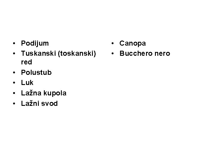 • Podijum • Tuskanski (toskanski) red • Polustub • Luk • Lažna kupola • Podijum • Tuskanski (toskanski) red • Polustub • Luk • Lažna kupola