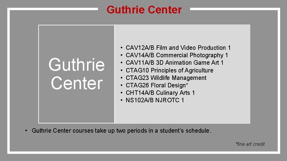 Guthrie Center • • CAV 12 A/B Film and Video Production 1 CAV 14