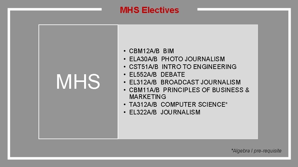 MHS Electives MHS • • • CBM 12 A/B BIM ELA 30 A/B PHOTO