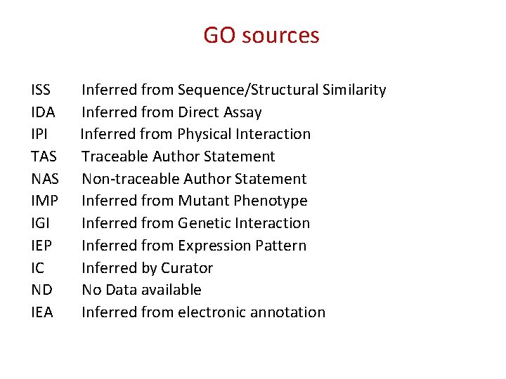 GO sources ISS Inferred from Sequence/Structural Similarity IDA Inferred from Direct Assay IPI Inferred