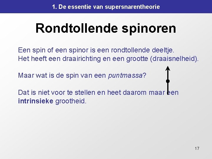 1. De essentie van supersnarentheorie Rondtollende spinoren Een spin of een spinor is een 1. De essentie van supersnarentheorie Rondtollende spinoren Een spin of een spinor is een