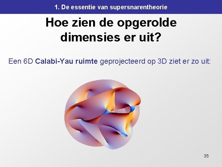 1. De essentie van supersnarentheorie Hoe zien de opgerolde dimensies er uit? Een 6 1. De essentie van supersnarentheorie Hoe zien de opgerolde dimensies er uit? Een 6