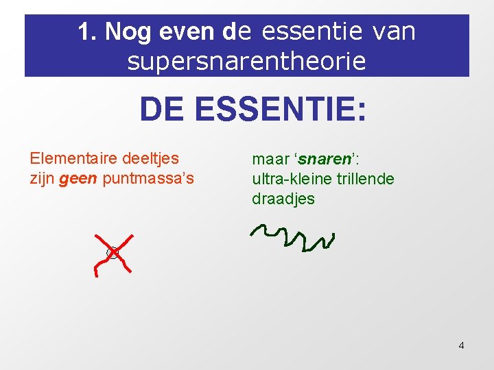 1. Nog even de essentie van supersnarentheorie DE ESSENTIE: Elementaire deeltjes zijn geen puntmassa’s 1. Nog even de essentie van supersnarentheorie DE ESSENTIE: Elementaire deeltjes zijn geen puntmassa’s