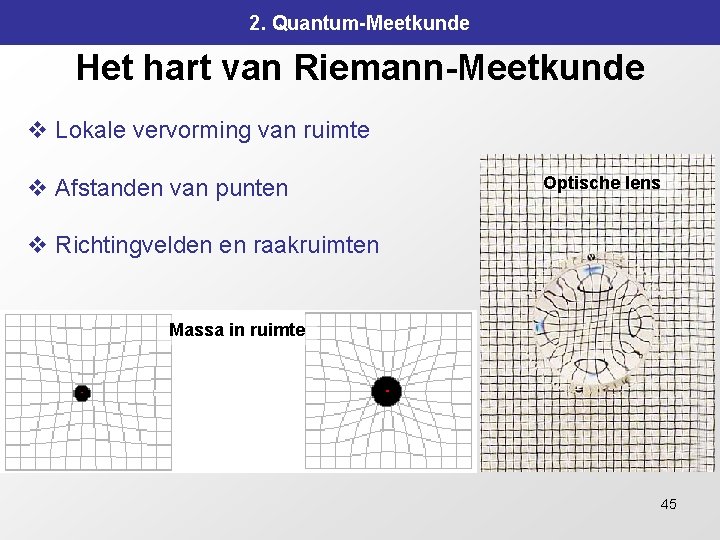 2. Quantum-Meetkunde Het hart van Riemann-Meetkunde v Lokale vervorming van ruimte v Afstanden van 2. Quantum-Meetkunde Het hart van Riemann-Meetkunde v Lokale vervorming van ruimte v Afstanden van