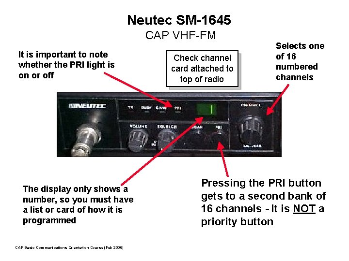 Neutec SM-1645 CAP VHF-FM It is important to note whether the PRI light is