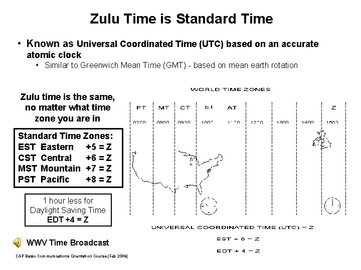 Zulu Time is Standard Time • Known as Universal Coordinated Time (UTC) based on