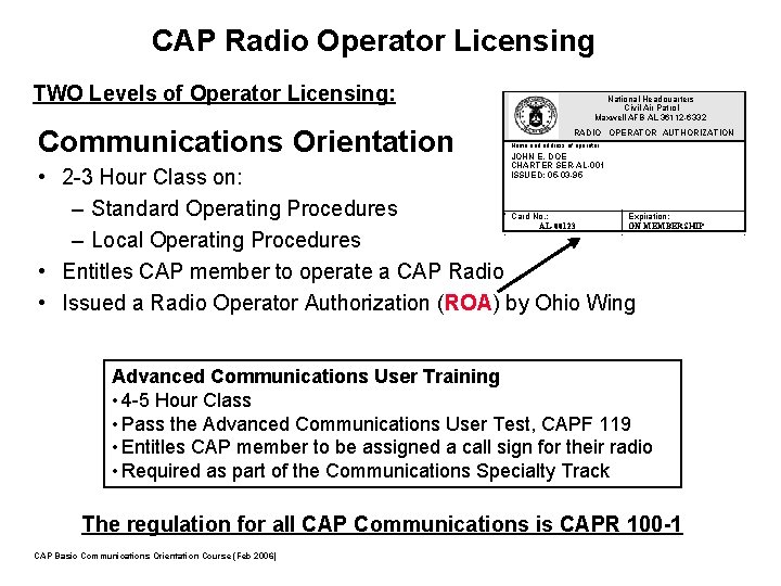CAP Radio Operator Licensing TWO Levels of Operator Licensing: Communications Orientation National Headquarters Civil
