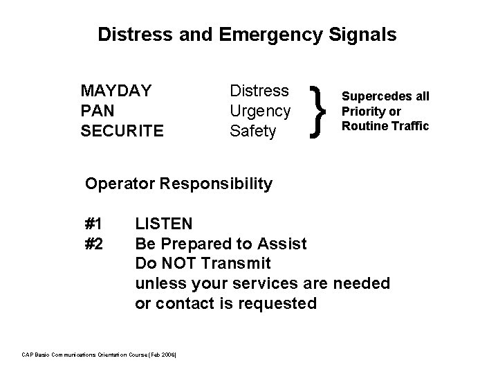 Distress and Emergency Signals MAYDAY PAN SECURITE Distress Urgency Safety } Supercedes all Priority