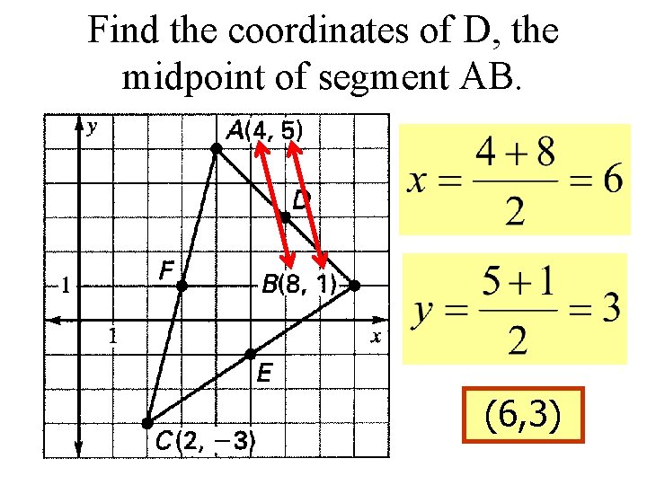 Find the coordinates of D, the midpoint of segment AB. (6, 3) 