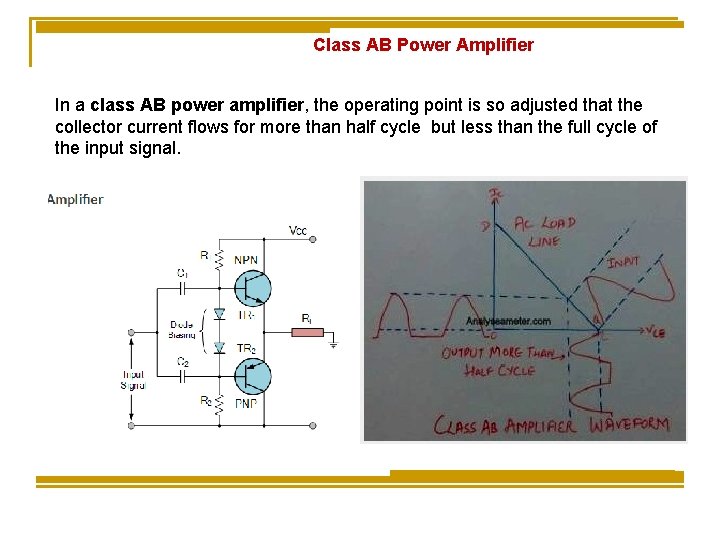 Class AB Power Amplifier In a class AB power amplifier, the operating point is Class AB Power Amplifier In a class AB power amplifier, the operating point is