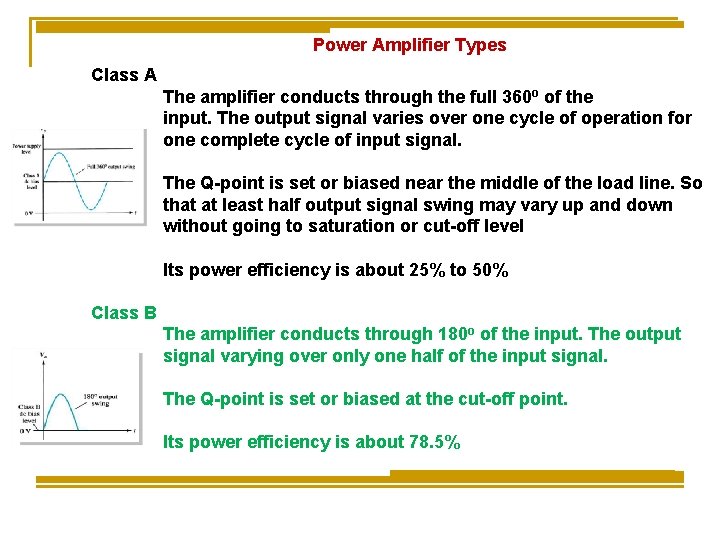 Power Amplifier Types Class A The amplifier conducts through the full 360ο of the Power Amplifier Types Class A The amplifier conducts through the full 360ο of the