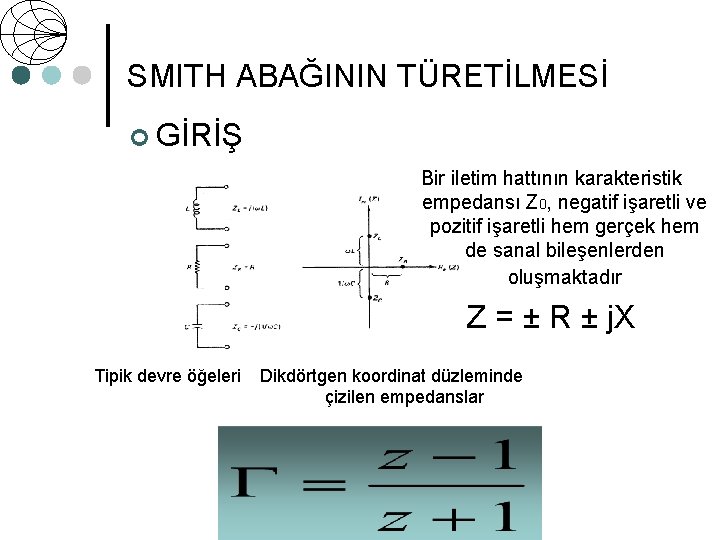 SMITH ABAĞININ TÜRETİLMESİ ¢ GİRİŞ Bir iletim hattının karakteristik empedansı Z 0, negatif işaretli