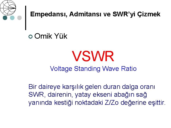 Empedansı, Admitansı ve SWR’yi Çizmek ¢ Omik Yük VSWR Voltage Standing Wave Ratio Bir