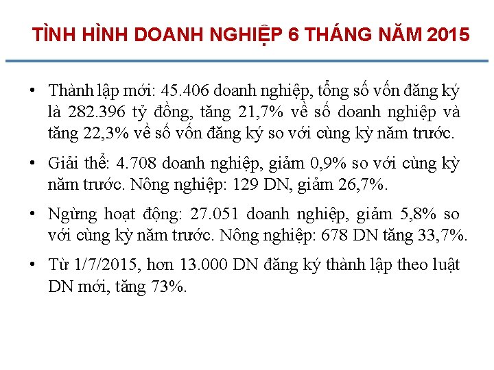 TÌNH HÌNH DOANH NGHIỆP 6 THÁNG NĂM 2015 • Thành lập mới: 45. 406