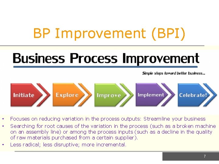 BP Improvement (BPI) • • • Focuses on reducing variation in the process outputs: