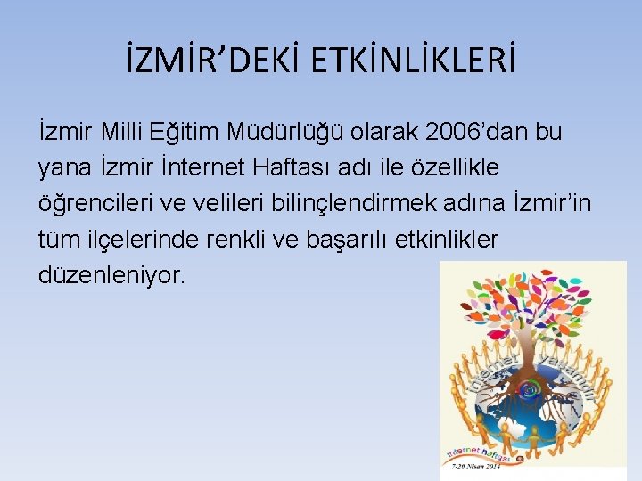 İZMİR’DEKİ ETKİNLİKLERİ İzmir Milli Eğitim Müdürlüğü olarak 2006’dan bu yana İzmir İnternet Haftası adı