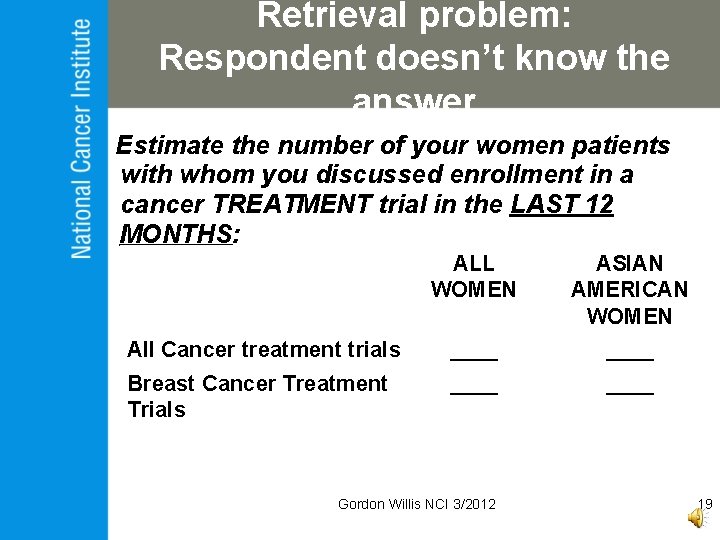 Retrieval problem: Respondent doesn’t know the answer Estimate the number of your women patients