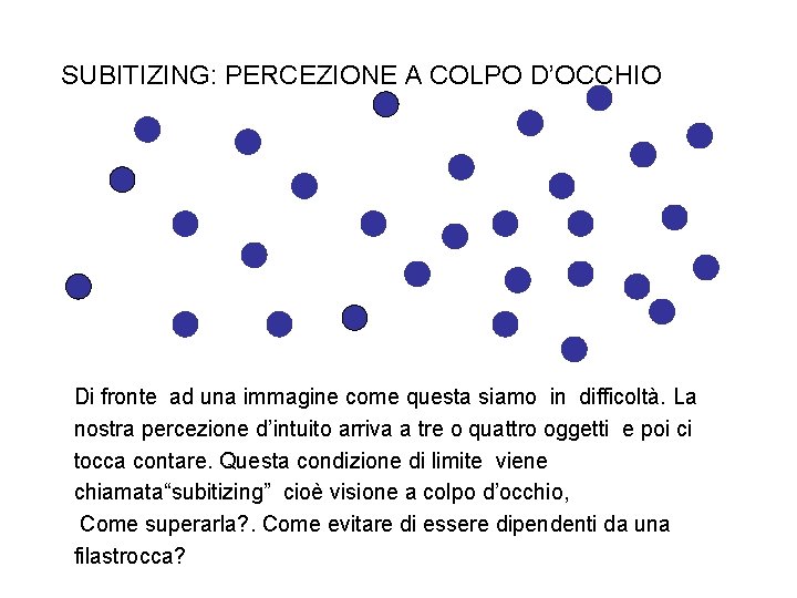 SUBITIZING: PERCEZIONE A COLPO D’OCCHIO Di fronte ad una immagine come questa siamo in