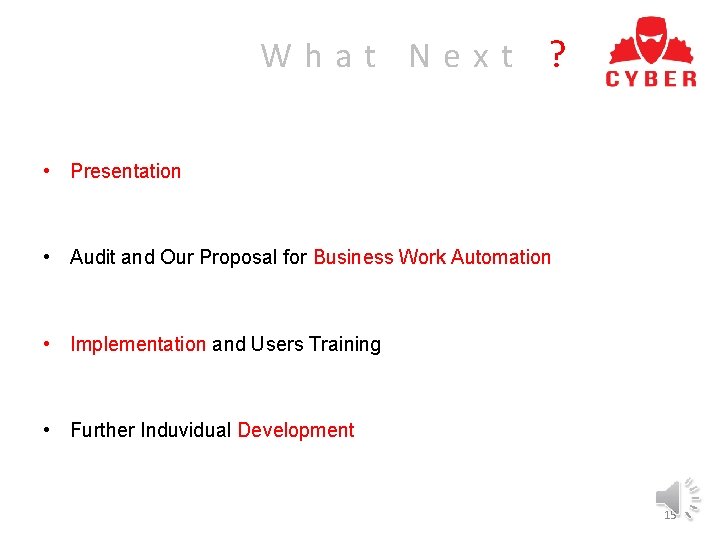 What Next ? • Presentation • Audit and Our Proposal for Business Work Automation