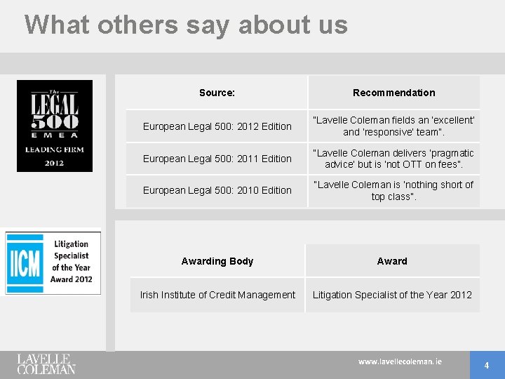 What others say about us Source: Recommendation European Legal 500: 2012 Edition “Lavelle Coleman