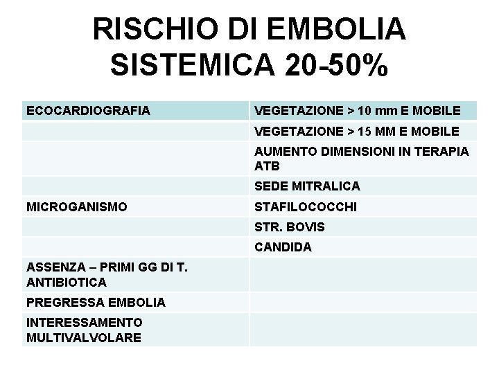 RISCHIO DI EMBOLIA SISTEMICA 20 -50% ECOCARDIOGRAFIA VEGETAZIONE > 10 mm E MOBILE VEGETAZIONE