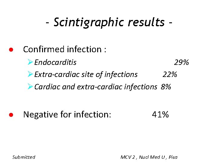 - Scintigraphic results ● Confirmed infection : Ø Endocarditis 29% Ø Extra-cardiac site of
